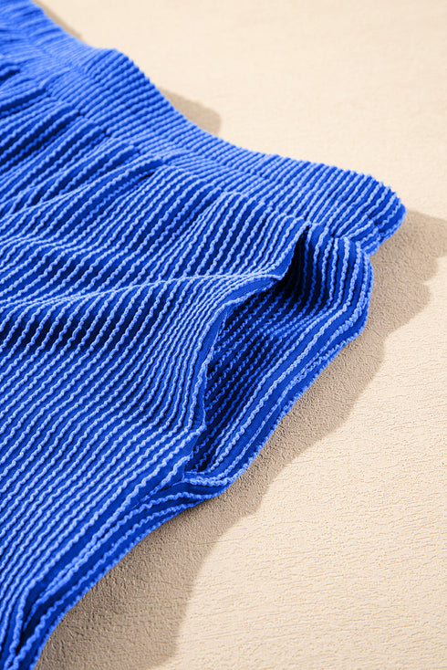 Sky Blue Corded Collared Half Zip Tank Top Two Piece Shorts Set